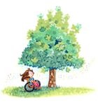 大木と木陰に車椅子の少女のイラスト